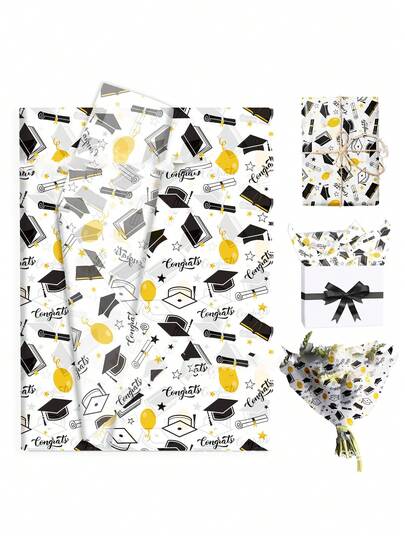 30 piezas de papel de regalo para graduación, papel de regalo para graduación negro y dorado, papel de regalo con diseño de birrete de graduación 2026, adecuado para celebraciones de graduación de escuela, universidad, fiestas de graduación universitaria, suministros y decoraciones para baile de graduación