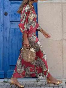 2pcs Women's Elegant Fashion Set, Including 1 Vintage Leopard Print Top And 1 Skirt, Casual Bohemian Style Outfit Spring - Red - View 9