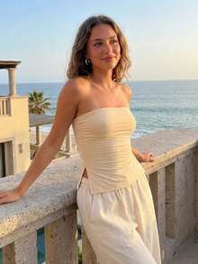 Tops tubo de mujer de unicolor con abertura, tops sin tirantes, camisetas bandeau sin espalda, ropa de calle de verano - Beis - Ver 2