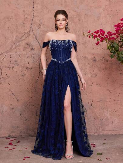 New Sequin Off Shoulder Elegant Evening Dress, Ruffle Hem, Faux Pearl Decor, High Slit, Maxi Dress, Suitable For Balls, Weddings, Parties, Formal Occasions