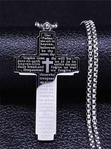 1件不锈钢十字架吊坠，刻有圣经经文，男女通用基督教祈祷护身符饰品 - 銀色 - 查看 9