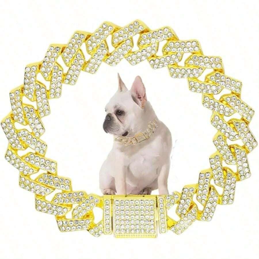 Hiphop Rhombus Cuban Pet Collar, Inlaid With Shiny Rhinestones, Fashionable And Durable Dog Necklace, Suitable For Small, Medium And Large Dogs - Multicolor - View 1
