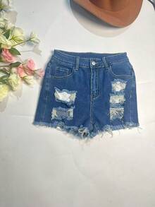 Party Ready Women Denim Distressed Shorts With Zipper Fastening And Medium Stretch Fabric - Blue - View 4