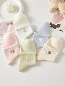 5双装女士可爱甜美透气樱桃熊、心形草莓、蝴蝶结图案短袜，隐形袜，白色袜子，粉色袜子，适合日常休闲穿着，四季皆宜 - 彩色 - 查看 3