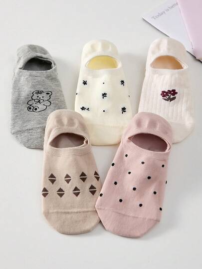 5 Pairs Women Anti-Slip Invisible Socks, Cute Cartoon Bear & Floral Pattern Boat Socks, Suitable For All Seasons