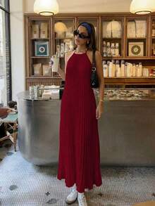 2026 Frühling/Sommer Neue modische elegante Casual Pendler Alltag Urlaub Reise Tee Party Rückenfreies Plissee Kleid, geeignet für Valentinstag, Party, Neujahr - Bordeaux - Übersicht 3