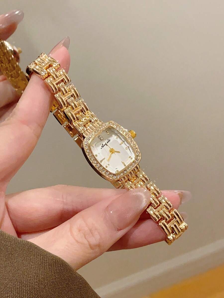 1件女士简约时尚金/银色石英表,镶嵌闪亮水钻,适合日常佩戴和装饰 - 金色 - 查看 1