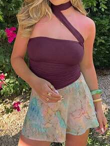 Top sin tirantes de unicolor sin costuras para mujer Vaiaye, camiseta elástica ajustada tipo tubo para primavera/verano, top casual sexy para vacaciones, chaleco sin mangas con espalda descubierta, adecuado para uso diario y commute - marrón rojizo - Ver 7