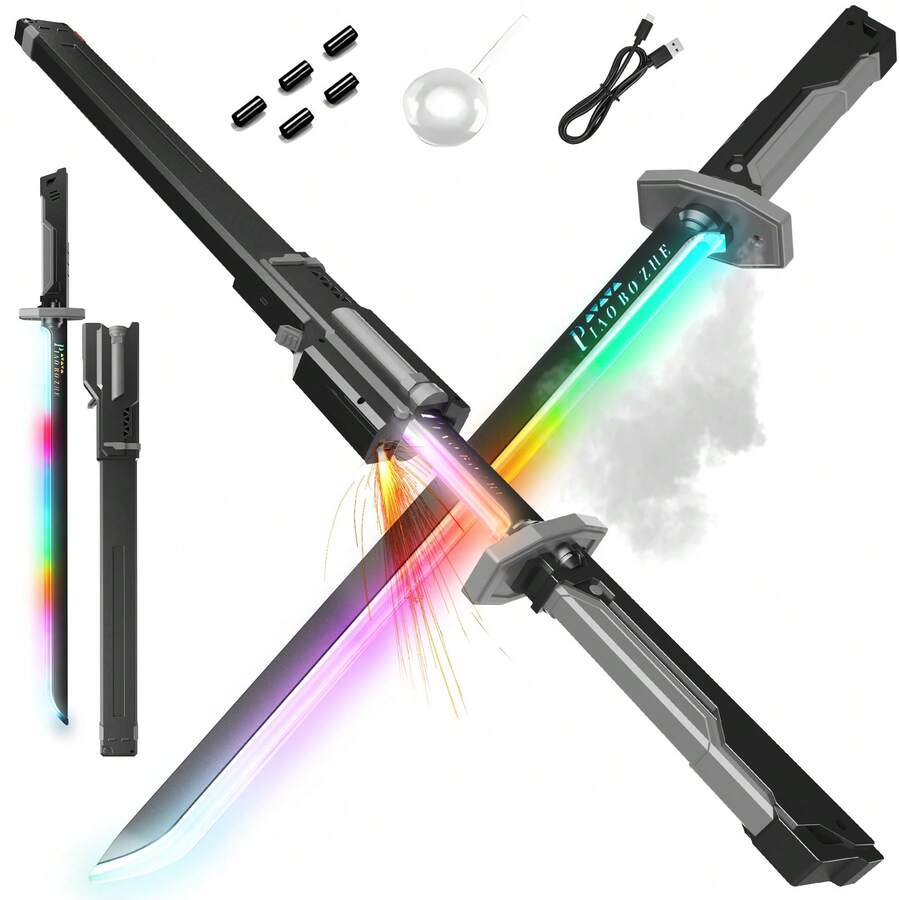 31.5" Pro LED Light Katana Sword With Spark Effects & Water Mist System - Sound-Activated Cosplay Saber, Multi-Color, Type-C For Anime Role Play, Vlog, Themed Parties - Teens & Adults - Gray - View 1