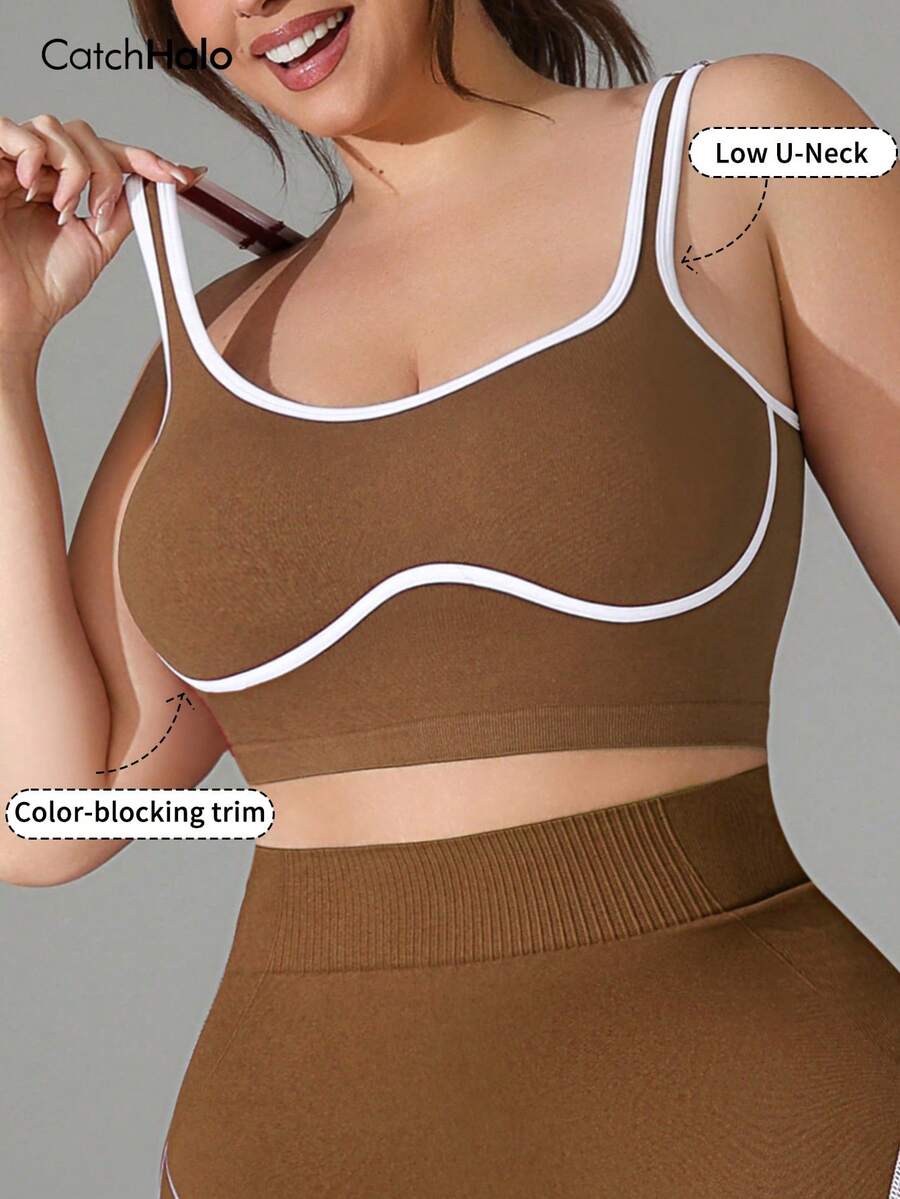 Sujetador deportivo sin costuras para mujer de talla grande, con decoración de ribete de contraste, diseño de espalda en U, sin acolchado, longitud larga, para yoga y uso casual