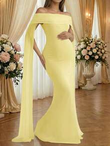 Đầm maxi dáng đuôi cá màu vàng, không tay, trễ vai, chất liệu vải dệt kim xuyên thấu, co giãn, thích hợp chụp ảnh bầu, dự tiệc cưới hoặc dự tiệc. - Màu vàng - Xem 4