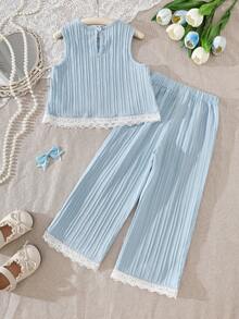 Young Girls' Fresh & Sweet Vertical Stripe Sleeveless Lace Bow Camisole + Matching Wide Leg Pants 2 Pieces Set, Spring/Summer - Blue - View 2