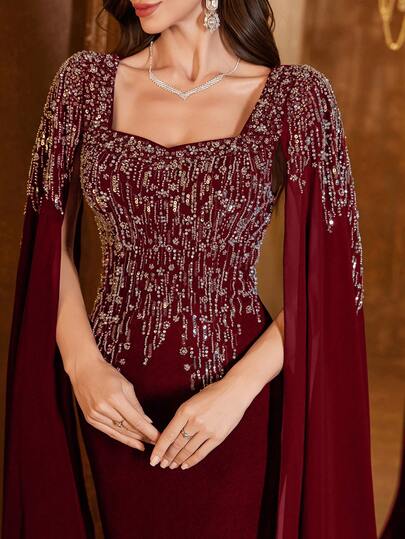  UNITHORSE 女士方领超长袖刺绣修身亚麻正式连衣裙，适合婚礼和度假穿着