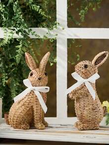 Resin Woven Texture Rabbit Figurine Set (With White Ribbon) - Adorable Rabbit Design, Suitable For Placing On Living Room Shelves, Patio Tables, And Vanity, Creating A Warm And Charming Atmosphere, A Popular Accessory For Fashionable Indoor And Outdoor Decor. Easter Decoration, Easter Gift - Multicolor - View 9
