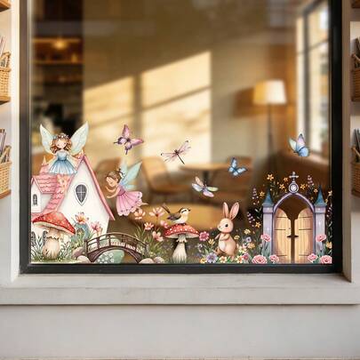 1/2pcs Fairy Tale Town Mushroom House Window Stickers, Reusable Static Cling PVC Material, Suitable For Princess Room, Dining Room, Study, Home DIY Decor And Holiday Gifts
