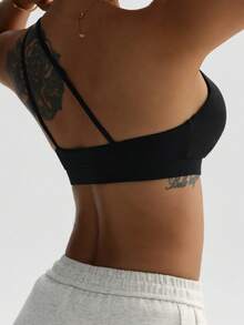 Women's Black Removable Padded One Shoulder Knit Sports Bra - Black - View 2