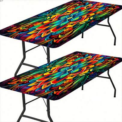 1 pieza Mantel de mesa impermeable para exteriores con borde elástico - Ideal para camping, picnics y fiestas de jardín - Poliéster duradero con estampado de estilo bohemio, adecuado para fiestas de vacaciones, decoración de exteriores, decoración de mesa de comedor, decoración diaria