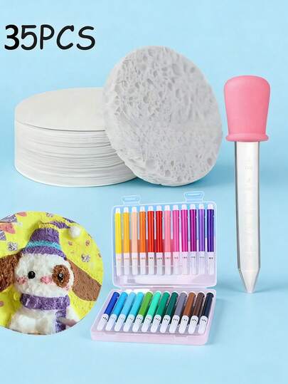 35pcs 3D Sponge Canvas Circular Cardboard, Expandable Foam Art And Handmade Paper, DIY Sponge Texture Painting Creative Paper Art, Includes 24 Watercolor Pens And 1 Dropper. Suitable For Friend Gatherings, Easter, School, Office And Home Activities. Can Be Used As Valentine's Day Gift, Back To School Gift, Art & Craft Supplies, Office Supplies, Personalized Gift And Birthday Gift.