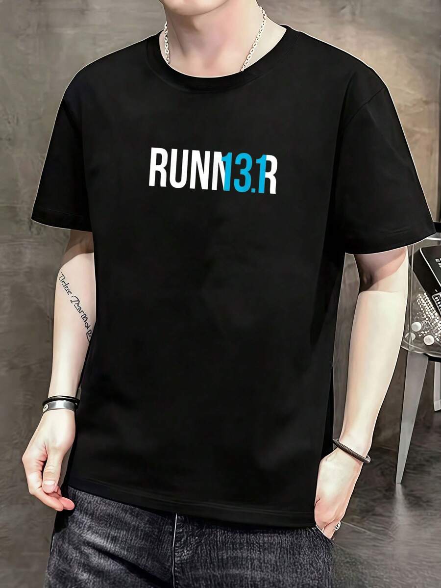 Camiseta de corredor de media maratón 13.1 Camiseta de manga corta de algodón de 220 g, impresión por una cara - Negro - Ver 1