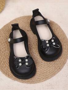 Zapatos planos con diseño de gancho y bucle, decoración de perlas y patrón bordado para niñas, adecuados para fiestas, festivales y uso diario, primavera/verano - Negro - Ver 2
