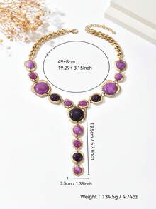 1件复古夸张时尚仿宝石Y形流苏长项链，粗犷饰品，巴洛克风格法式奢华几何项链吊坠，适合女性日常、派对、活动佩戴（宝石图案颜色和位置随机） - 紫色 - 查看 4