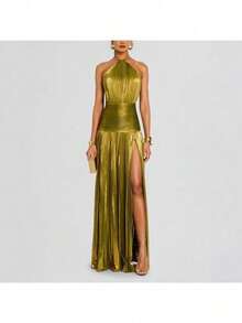 Sleeveless Backless Women's Metallic Pleated Split Strap Neck Dress - 粉色 - 查看 2