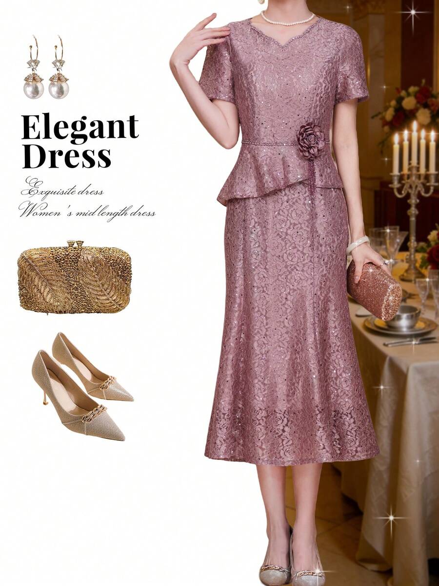 Summer Women's Elegant Casual Short Sleeve Dress, New Luxury Lace Mermaid Evening Gown With 3D Floral Details, Embellished With Beads And Rhinestones, Zipper Back Closure, Perfect For Wedding/Guest/Event/Engagement/Ceremony/Birthday/Social/Formal/Prom/Everyday/Vacation/Graduation Occasion