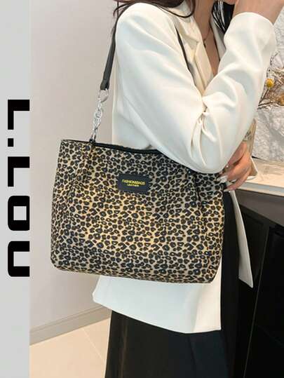 Large Capacity Vintage Patchwork Shoulder Bag, Letter Gold Foil Leather Patch Decor, Fashionable Tote Bag For Women, Leopard Print Pattern, Suitable For Home, Shopping, Travel, Commuting