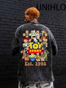 Disney UNIHLO   Toy Athlete In Chief  Printed Summer Heavyweight Retro Washed Street Fashion Casual T-Shirt - 黑色 - 查看 2