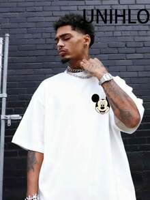 Disney UNIHLO  Street Life Men's Casual Loose Mickey Plays Football  Cartoon  Print Short Sleeve T-ShirtSummer - 白色 - 查看 5