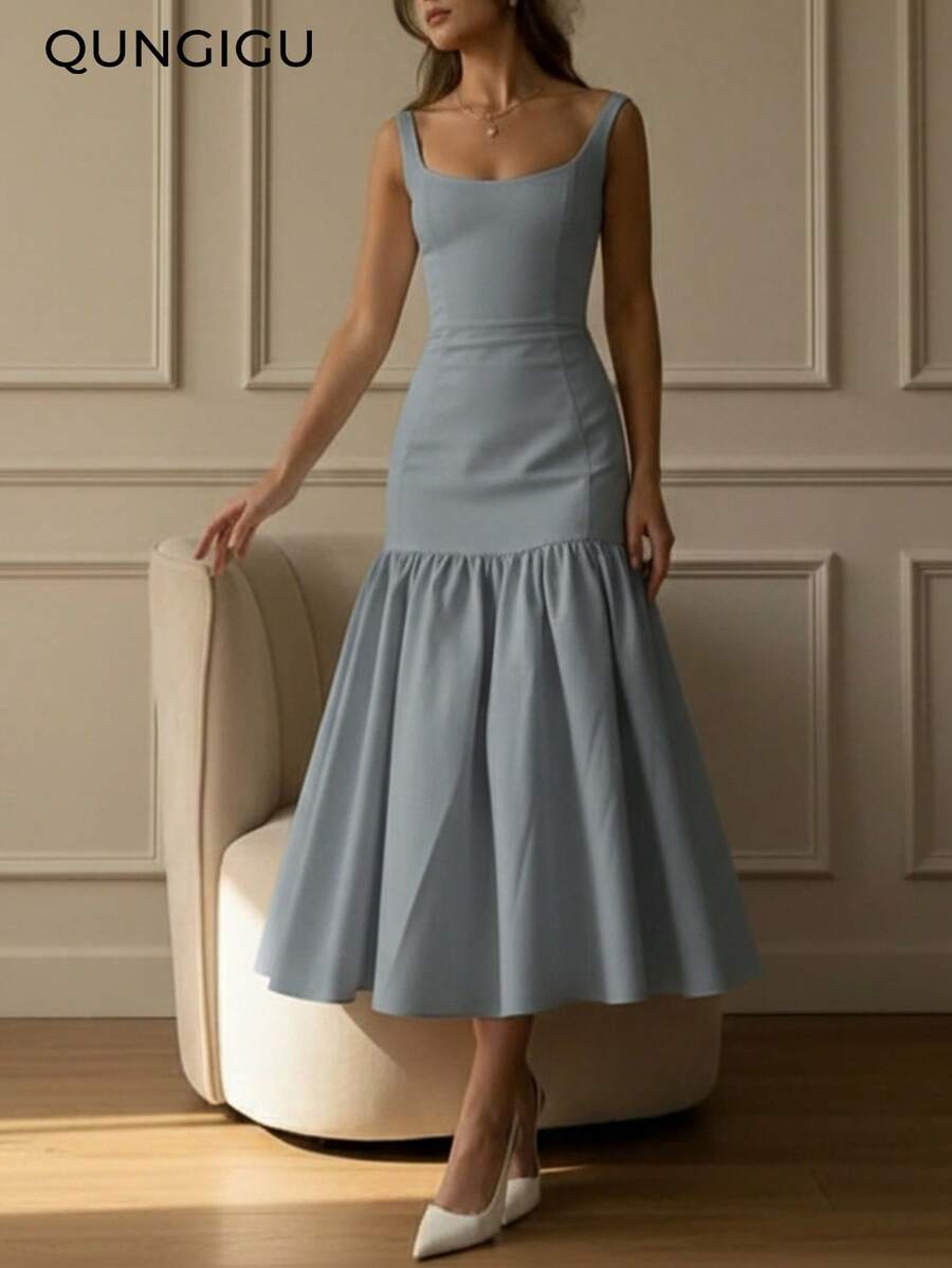 QUNGIGU Đầm đuôi cá dài ôm dáng dành cho nữ, thiết kế không tay thanh lịch, phù hợp cho tiệc tùng, hộp đêm và các dịp khác, màu xanh dương, đầm nữ thanh lịch, đầm dự tiệc sang trọng, đầm dạ hội trang trọng. - Màu xanh bụi bặm - Xem 1