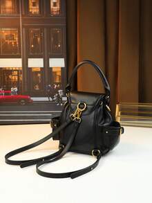 Fashionable Retro Rivet Lock Motorcycle Handbag, High-End Versatile Commuter Shoulder Crossbody Multifunctional Stylish Backpack - Black - View 9