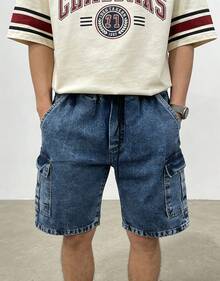 Spring And Summer Men's Cargo Shorts, Stonewashed Denim, Baggy Streetwear, Loose Casual With Large Pockets, Drawstring Waist, Sizes P To GG (S To XL) - 水洗藍 - 查看 2
