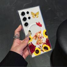 Rabbit Rose Sunflower Clear Phone Case Compatible With Samsung Galaxy S25 Ultra/S25 Edge/S24 Plus/S23 FE/S22/S21/S20 TPU Shockproof Transparent Magnetic Wireless Charging Phone Cover - Multicolor - View 2