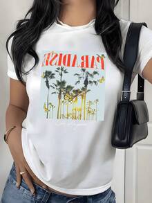 Palmeras doradas bajo el atardecer con mariposas que vuelan entre la luz cálida creando una sensación de libertad y serenidad perfecta para días soleados camiseta de mujer blanca casual 220g - Blanco - Ver 1