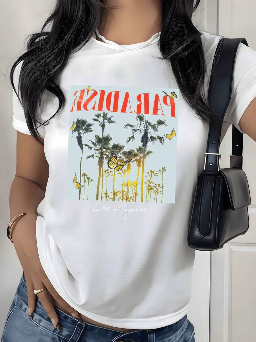 Palmeras doradas bajo el atardecer con mariposas que vuelan entre la luz cálida creando una sensación de libertad y serenidad perfecta para días soleados camiseta de mujer blanca casual 220g - Blanco - Ver 1