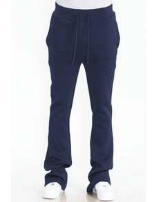 Mens Casual Tech Fleece Solid Stacked Sweat Pants - Navy Blue - View 4