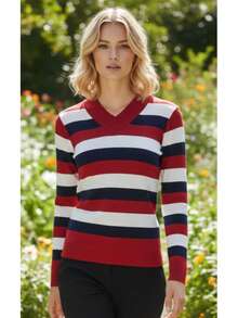 Women's Striped Sweater Blouse | Women's Long-Sleeved Striped Blouse | Striped V-Neck Blouse - 紅色/藏青色 - 查看 2