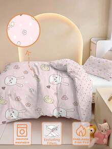 1/2pcs Pink Rabbit Pattern Kids Bedding Set, Including 1pc Single-Sided Printed Pillowcase (50x75cm) And 1pc Double-Sided Printed Quilt Cover (90x200cm/135x200cm), Made Of 100% Polyester Fabric, Suitable For Children And Teenagers, All Seasons, With Zipper And Fixing Clips, A Great Gift Choice - Multicolor - View 3