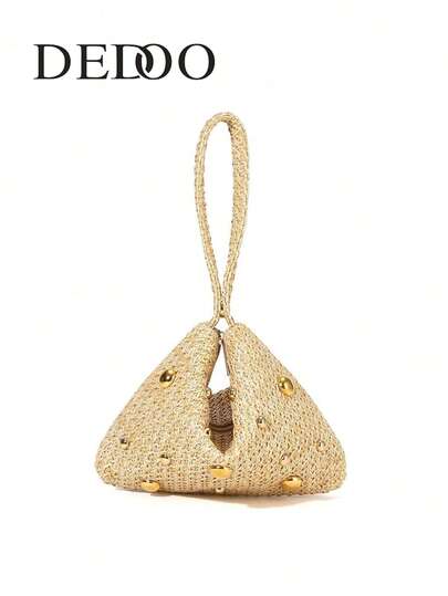 Dedoo Elegant Minimalist Spring/Summer Straw Rhinestone Magnetic Closure Triangle Clutch, Suitable For Party, Wedding, Prom, Gathering, Beach