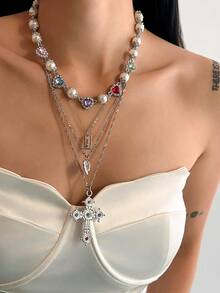 4pcs/Set Fashionable Elegant Sparkling Rhinestone Imitation Gemstone Heart-Shaped Faux Pearl Beaded Geometric Thin Chain Cross Heart Pendant Charming Metal Layered Necklace, Luxurious Suitable For Wedding, Party, Holiday, Daily Casual, Street Snap, Women & Couples Gift - Necklace - View 10