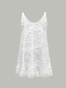 Plus Size Women Vintage Elegant Floral Sleeveless Ruffle Hem Dress Vacation White Summer - White - View 3