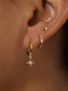 3pcs Gold-Plated Brass 8-Pointed Star Earrings, Daily Wear For Women - 3 Eight-pointed Star Earrings - View 6