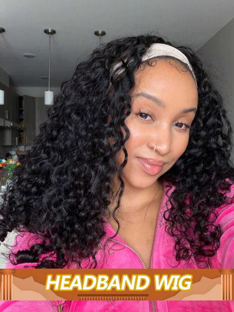 Tóc giả kiểu băng đô xoăn Miến Điện, tóc giả không cần keo dán, có dây rút, đuôi xoăn hình xoắn ốc, tóc giả làm từ tóc thật, dễ đội và sử dụng, mật độ 150%. - Natural Black - Xem 1