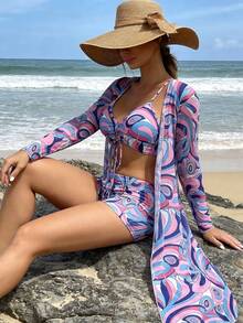 3-Piece Bikini Set: Kimono, Shorts, Top, Beach Cover-Up - Purple - View 2