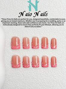 NAIO 10片/套 春夏手工按压式美甲贴片，短方形甲片，Y2K 酷炫风格，粉色法式凝胶美甲设计。适合女性和女孩，可用于派对、日常佩戴，附赠工具包，是送给女士美甲的绝佳礼物。 - 彩色 - 查看 2