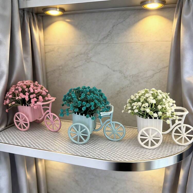 Artificial Flower Decorated Bicycle Set, Photography Decor, Home Decor, Plastic Mini Bicycle, Flower Basket, Fake Potted Plant, Desktop Decor, Decorations, Artificial Greenery, Indoor Decor - Multiple Styles - View 2