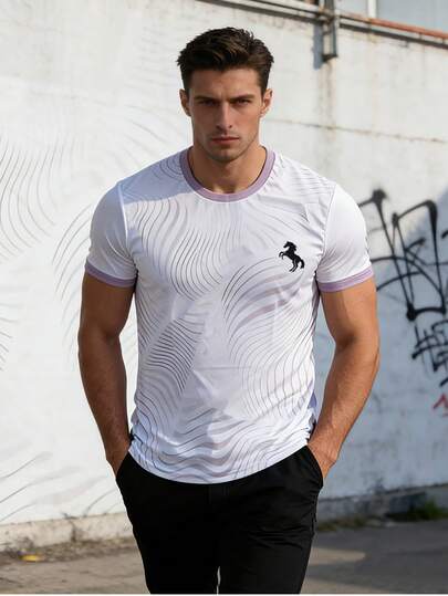 男士3D条纹印花短袖T恤，常规版型休闲圆领T恤，可机洗，舒适日常上衣，时尚耐穿的街头风图案T恤