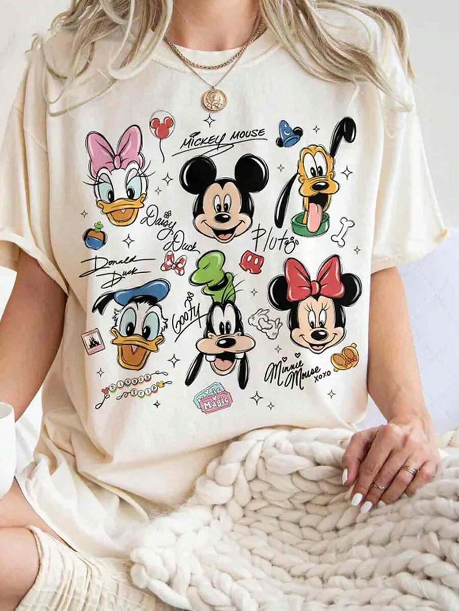 Disney UNIHLO  Street Life Men's Casual Loose  Mickey  Cartoon  Print Short Sleeve T-ShirtSummer - 白色 - 查看 1