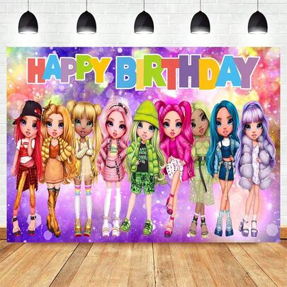 Halo Cartoon Rainbow High School Backdrop, Girl Style Doll Birthday Party Decoration [2D Flat] | 1 Frameless Canvas Print | Easy To Hang